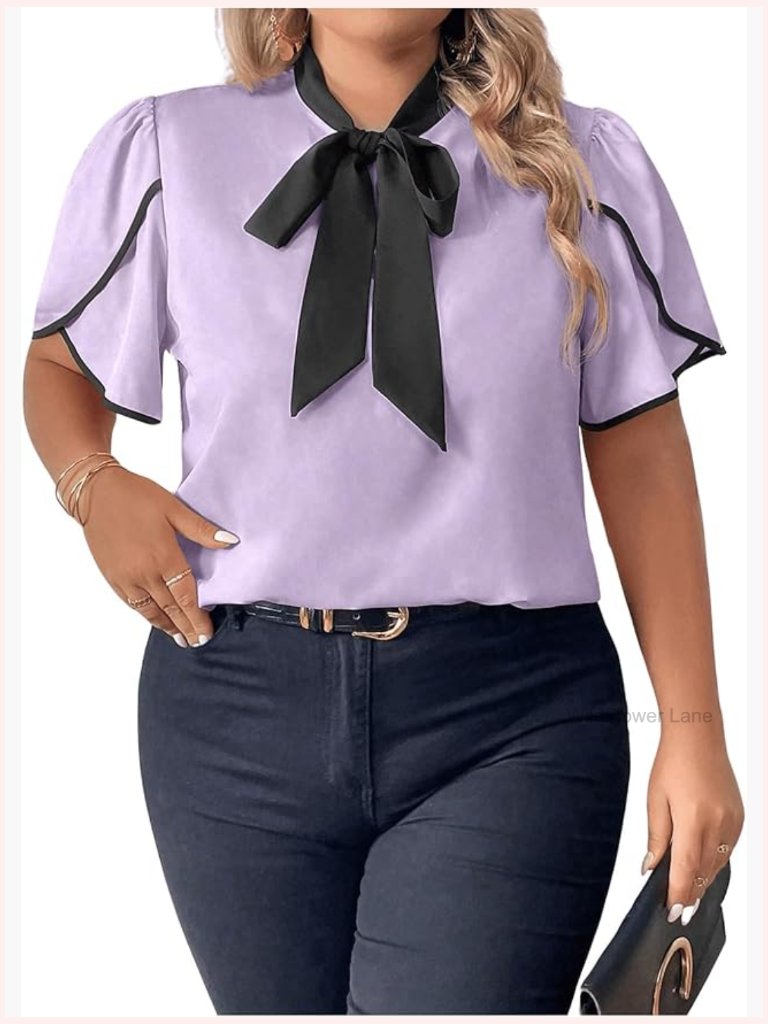 Women's Plus Size Work Blouse Tie Neck Petal Sleeve Business Casual Top